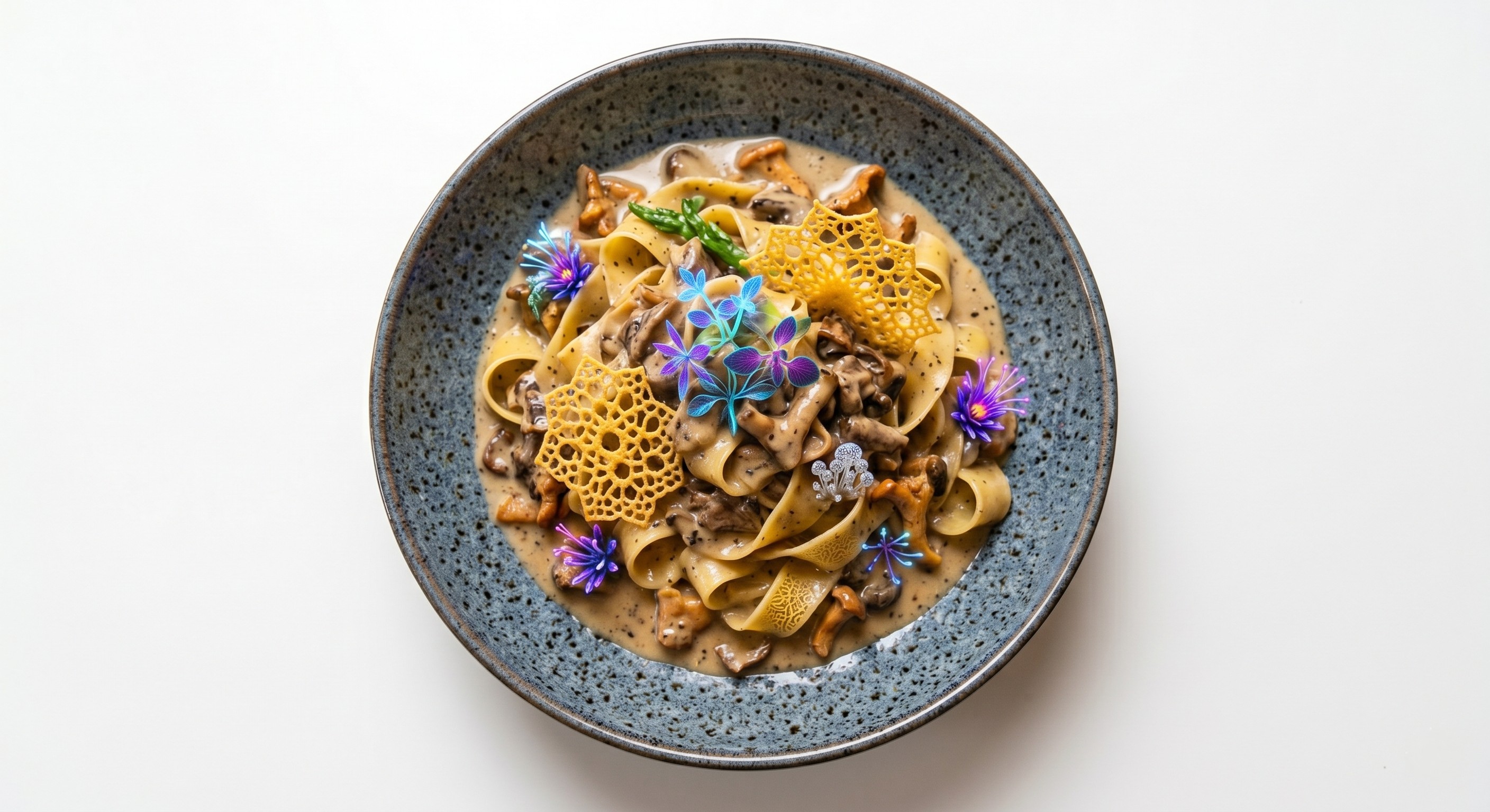 An over-embellished AI photo — invented edible flowers, tuile, and garnishes the dish never had