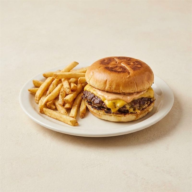 The same burger and fries after DishReady — same food, restaged with clean lighting and a neutral surface