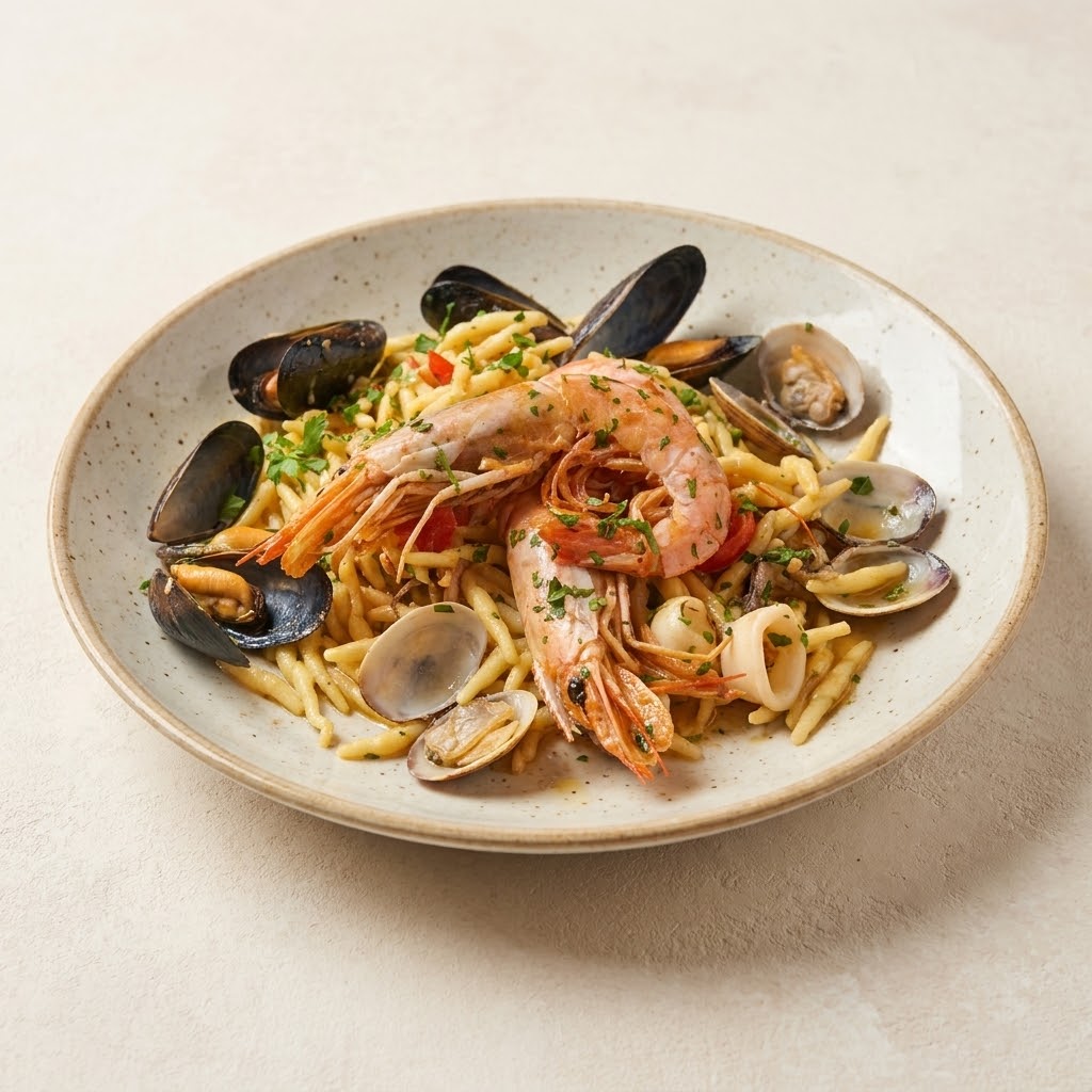 Seafood trofie pasta on a neutral plate and background — Marketplace style