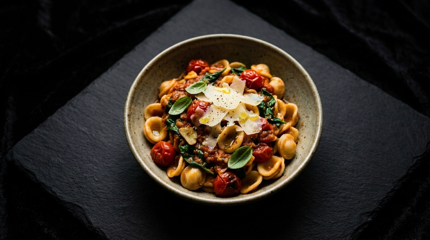 Orecchiette with tomato and parmesan, shot dark and moody on slate — Premium Menu style
