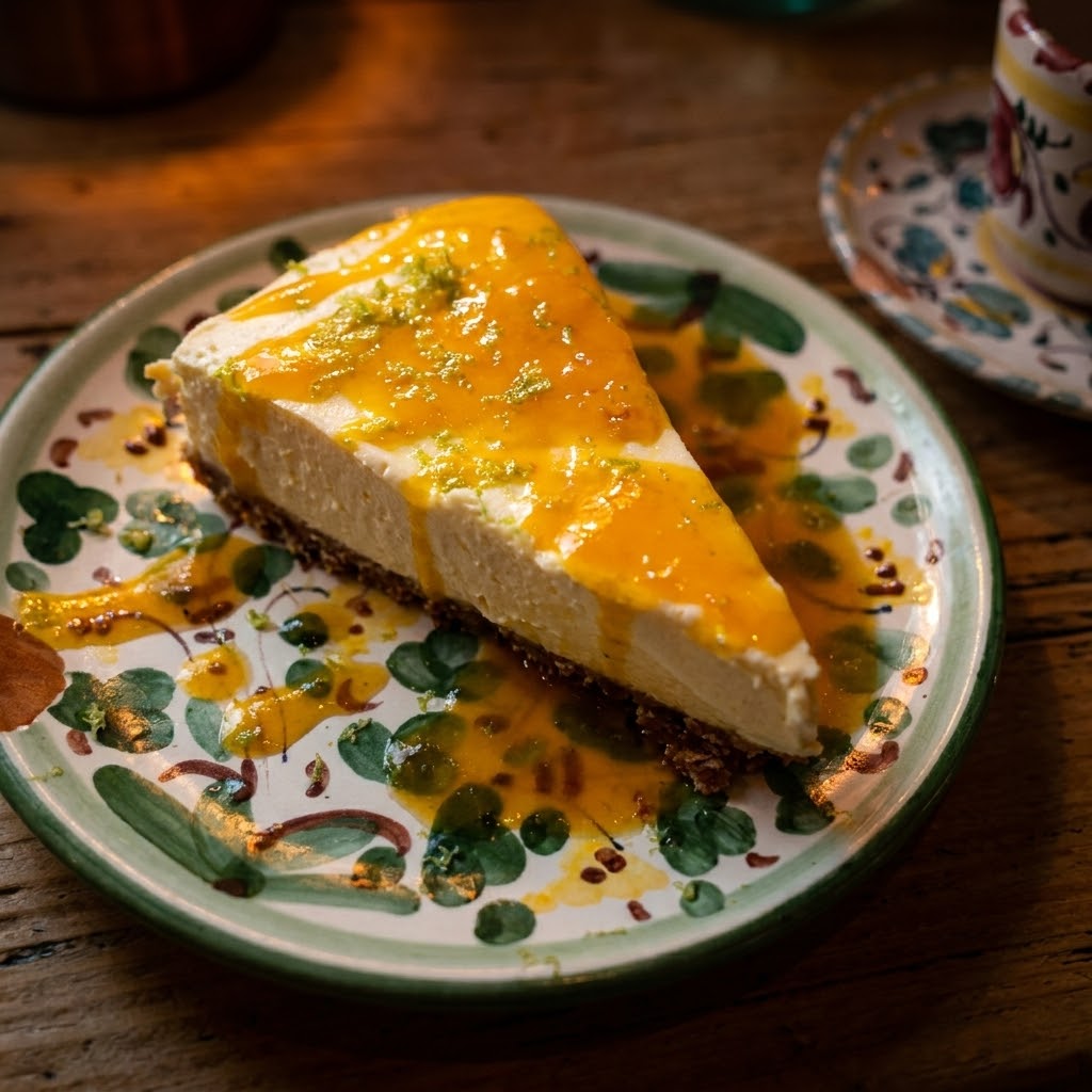 Cheesecake slice with passion-fruit sauce under warm, atmospheric light — Social Feed style